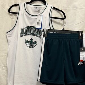 Boys Adidas White Tank with Dark Green Shorts